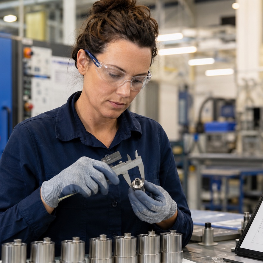 A quality inspector measuring a machined part with calipers